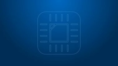 Mavi zemin üzerinde mikro devre işlemci simgesi olan beyaz çizgi Bilgisayar işlemcisi izole edildi. Devre kartlı çip ya da işlemci. Mikro işlemci. 4K Video hareketli grafik canlandırması