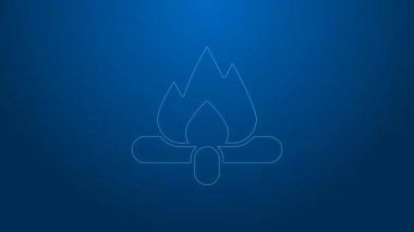 Beyaz çizgi kamp ateşi ikonu mavi arka planda izole edildi. Odunla yanan şenlik ateşi. 4K Video hareketli grafik canlandırması