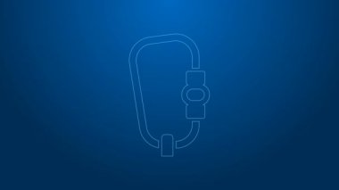 Mavi arkaplanda beyaz çizgi karabina simgesi izole edildi. Olağanüstü bir spor. Spor malzemeleri. 4K Video hareketli grafik canlandırması