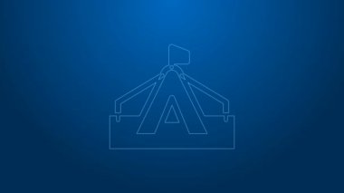 Mavi arka planda beyaz çizgi turist çadırı simgesi izole edildi. Kamp sembolü. 4K Video hareketli grafik canlandırması