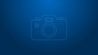 Beyaz çizgi fotoğraf makinesi simgesi mavi arkaplanda izole edildi. Fotoğraf makinesi simgesi. 4K Video hareketli grafik canlandırması