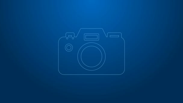 White line Photo camera icon isolated on blue background. Foto camera icon. 4K Video motion graphic animation — Stock Video