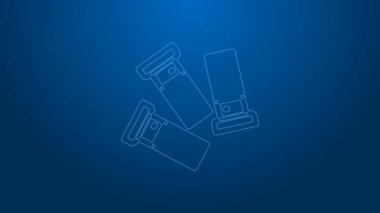 Beyaz çizgi kartuş simgesi mavi arkaplanda izole edildi. Av tüfeği av tüfeği fişeği. Tüfek mermisi ikonu. 4K Video hareketli grafik canlandırması