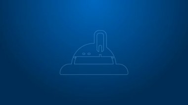 Mavi arka planda beyaz çizgi Hunter şapka simgesi izole edildi. Ekose kış şapkası. 4K Video hareketli grafik canlandırması