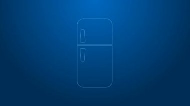 Beyaz çizgi buzdolabı simgesi mavi arkaplanda izole edildi. Buzdolabı buzdolabı. Ev aletleri ve aletler. 4K Video hareketli grafik canlandırması