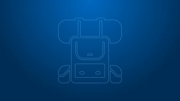 Weiße Linie Wanderrucksack-Symbol isoliert auf blauem Hintergrund. Camping- und Bergwanderrucksack. 4K Video Motion Grafik Animation — Stockvideo