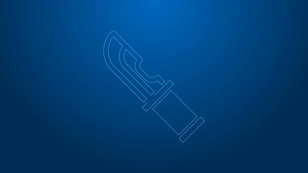 White line Hunter knife icon isolated on blue background. Army knife. 4K Video motion graphic animation — Stock Video