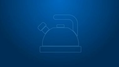 Mavi arka planda ikon olan beyaz çizgi Kettle. Çaydanlık ikonu. 4K Video hareketli grafik canlandırması