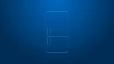 Beyaz çizgi buzdolabı simgesi mavi arkaplanda izole edildi. Buzdolabı buzdolabı. Ev aletleri ve aletler. 4K Video hareketli grafik canlandırması