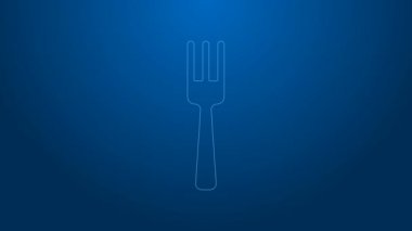 Beyaz çizgi Fork simgesi mavi arkaplanda izole edildi. Çatal bıçak sembolü. 4K Video hareketli grafik canlandırması