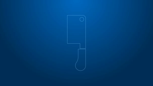 White line Meat chopper icon isolated on blue background. Butcher knife. Kitchen knife for meat. Butcher knife. 4K Video motion graphic animation — Stock Video