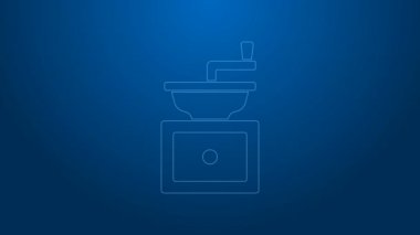 Beyaz çizgi manuel kahve öğütücü ikonu mavi arka planda izole edilmiş. 4K Video hareketli grafik canlandırması