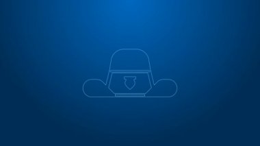 Mavi arka planda rozet simgesi olan beyaz çizgi şerifi şapkası. 4K Video hareketli grafik canlandırması