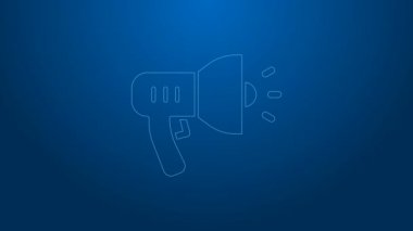 Beyaz çizgi polis megafon ikonu mavi arkaplanda izole edildi. 4K Video hareketli grafik canlandırması