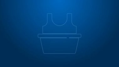 Mavi arka planda izole edilmiş beyaz çizgi plastik leğen. Sulu kase. Çamaşır yıkama, temizlik malzemeleri. 4K Video hareketli grafik canlandırması
