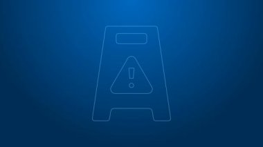 Beyaz çizgi ıslak zemin ve temizlik ikonu mavi arka planda izole edildi. Temizlik hizmeti konsepti. 4K Video hareketli grafik canlandırması