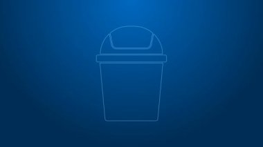 Beyaz çizgi çöp kutusu simgesi mavi arkaplanda izole edildi. Çöp kutusu tabelası. Sepet simgesini geri dönüştür. Ofis çöpü ikonu. 4K Video hareketli grafik canlandırması