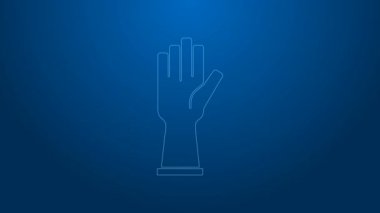 Beyaz çizgili lastik eldiven ikonu mavi arka planda izole edildi. Lateks el koruması işareti. Ev işi temizlik ekipmanları sembolü. 4K Video hareketli grafik canlandırması