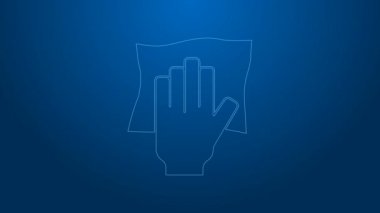 Beyaz çizgi temizleme servisi simgesi mavi arkaplanda izole edildi. Lateks el koruması işareti. Ev işi temizlik ekipmanları sembolü. 4K Video hareketli grafik canlandırması