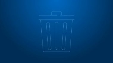 Beyaz çizgi çöp kutusu simgesi mavi arkaplanda izole edildi. Çöp kutusu tabelası. Sepet simgesini geri dönüştür. Ofis çöpü ikonu. 4K Video hareketli grafik canlandırması
