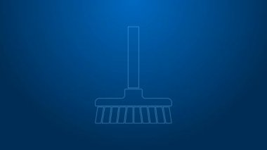 Mavi arkaplanda beyaz çizgi süpürge sapı simgesi izole edildi. Temizlik hizmeti konsepti. 4K Video hareketli grafik canlandırması