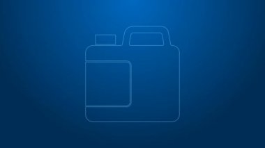 Beyaz çizgi plastik şişe çamaşır deterjanı, çamaşır suyu, bulaşık deterjanı ya da mavi arka planda izole edilmiş başka bir temizlik maddesi. 4K Video hareketli grafik canlandırması