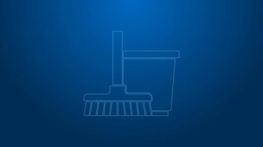 Beyaz çizgi paspas ve kova simgesi mavi arkaplanda izole edildi. Temizlik hizmeti konsepti. 4K Video hareketli grafik canlandırması