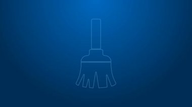 Temizlik simgesi için beyaz çizgi süpürgesi mavi arkaplanda izole edildi. Tüy fırçası. 4K Video hareketli grafik canlandırması