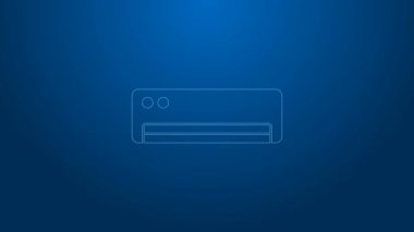 Beyaz çizgi klima ikonu mavi arkaplanda izole edildi. Sistemin havalandırmasını böl. Soğuk ve soğuk iklim kontrol sistemi. 4K Video hareketli grafik canlandırması