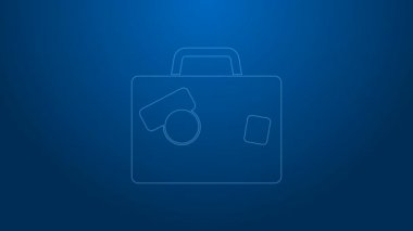 Seyahat simgesi için beyaz bavul mavi arkaplanda izole edildi. Seyahat bagaj tabelası. Seyahat bagaj ikonu. 4K Video hareketli grafik canlandırması
