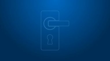Beyaz çizgi kapı kolu simgesi mavi arkaplanda izole edildi. Kapı kilidi işareti. 4K Video hareketli grafik canlandırması