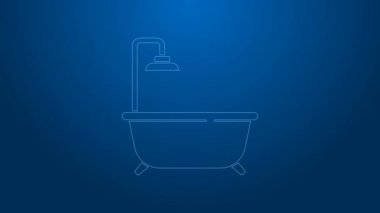 Mavi arka planda izole edilmiş duş ikonu olan beyaz küvet. 4K Video hareketli grafik canlandırması