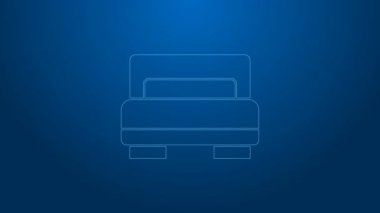 Beyaz çizgili otel odası yatak odası ikonu mavi arka planda izole edilmiş. 4K Video hareketli grafik canlandırması