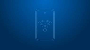 Mavi arkaplanda ücretsiz kablosuz bağlantı ikonu olan beyaz çizgi akıllı telefon. Kablosuz teknoloji, kablosuz bağlantı, kablosuz ağ. 4K Video hareketli grafik canlandırması