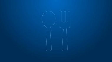Beyaz çizgi çatal ve kaşık ikonu mavi arkaplanda izole edilmiş. Mutfak aletleri. Çatal bıçak seti. 4K Video hareketli grafik canlandırması