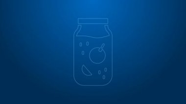 Mavi arka planda beyaz çizgi reçel kavanozu simgesi izole edildi. 4K Video hareketli grafik canlandırması