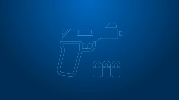 Pistol garis putih atau ikon pistol diisolasi dengan latar belakang biru. Polisi atau pistol militer. Senjata api kecil. Animasi grafis gerak Video 4K — Stok Video