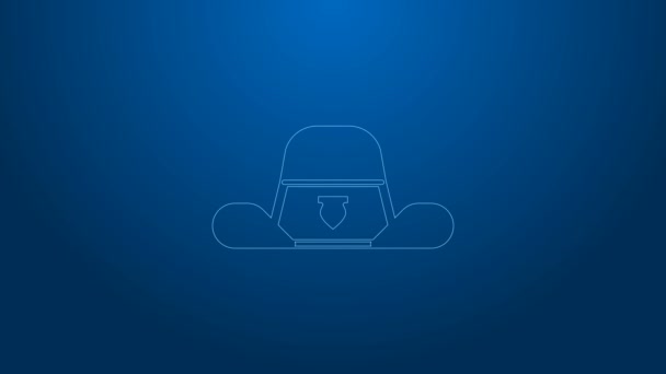 Weiße Linie Sheriff Hut mit Abzeichen Symbol isoliert auf blauem Hintergrund. 4K Video Motion Grafik Animation — Stockvideo