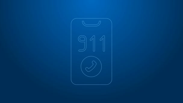 Linha branca Telefone com chamada de emergência ícone 911 isolado no fundo azul. Polícia, ambulância, bombeiros, chamada, telefone. Animação gráfica em movimento de vídeo 4K — Vídeo de Stock