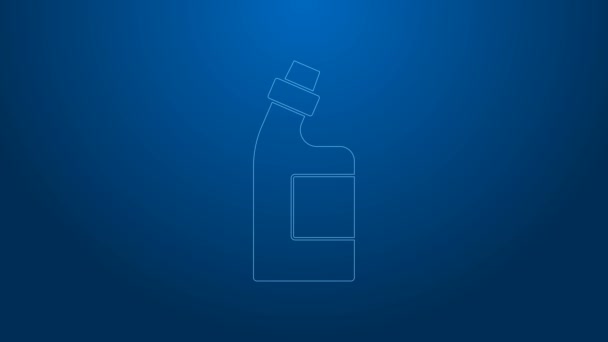 Bílá čára Plastová láhev na prací prostředek, bělidlo, mycí kapalina nebo jiná ikona čisticího prostředku izolovaná na modrém pozadí. Grafická animace pohybu videa 4K — Stock video