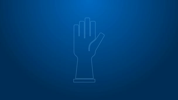 Иконка резиновых перчаток белого цвета выделена на синем фоне. Латексный знак защиты рук. Символ чистящего оборудования для дома. Видеографическая анимация 4K — стоковое видео