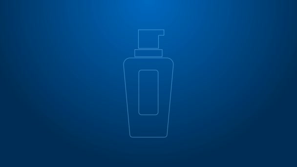 Biała linia Butelka szamponu ikona izolowane na niebieskim tle. 4K Animacja graficzna ruchu wideo — Wideo stockowe
