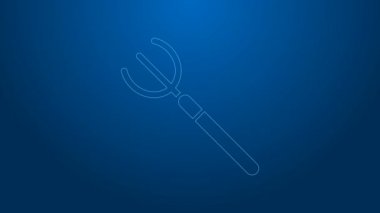 Beyaz çizgili bahçe yabası ikonu mavi arka planda izole edilmiş. Bahçe çatalı işareti. Bahçecilik, tarım, çiftçilik aleti. 4K Video hareketli grafik canlandırması