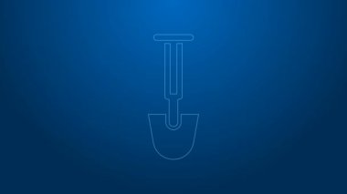 Mavi arkaplanda beyaz çizgi kürek simgesi izole edildi. Bahçe aletleri. Bahçecilik, tarım, çiftçilik aleti. 4K Video hareketli grafik canlandırması