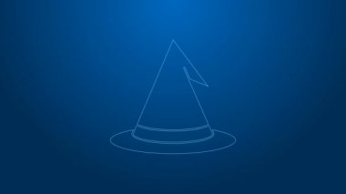 Beyaz çizgi cadı şapkası simgesi mavi arkaplanda izole edildi. Mutlu Cadılar Bayramı Partisi. 4K Video hareketli grafik canlandırması