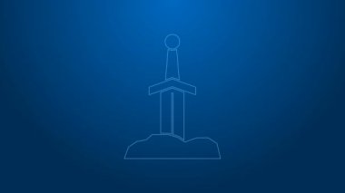 Kaya simgesindeki beyaz çizgi kılıcı mavi arkaplanda izole edilmiş. Taştaki kılıç Excalibur, Arthur efsanelerinden. 4K Video hareketli grafik canlandırması