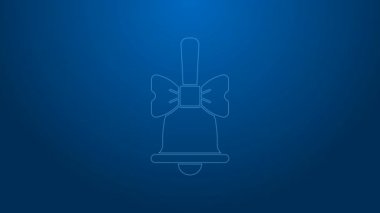 Beyaz çizgi Mutlu Noeller zil ikonu mavi arka planda izole edildi. Alarm sembolü, servis zili, el zili işareti, uyarı. 4K Video hareketli grafik canlandırması