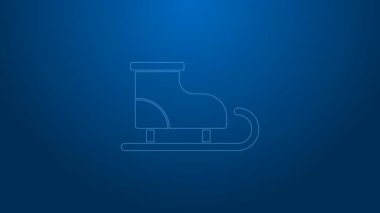 Beyaz çizgi artistik patinaj ikonu mavi arkaplanda izole edildi. Buz pateni ayakkabısı ikonu. Kılıçlı spor botlar. 4K Video hareketli grafik canlandırması