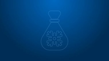 Beyaz çizgili Noel Baba hediye çantası ikonu mavi arka planda izole edilmiş. Noel hediyeleri çuvalı. Mutlu Noeller ve mutlu yıllar. 4K Video hareketli grafik canlandırması