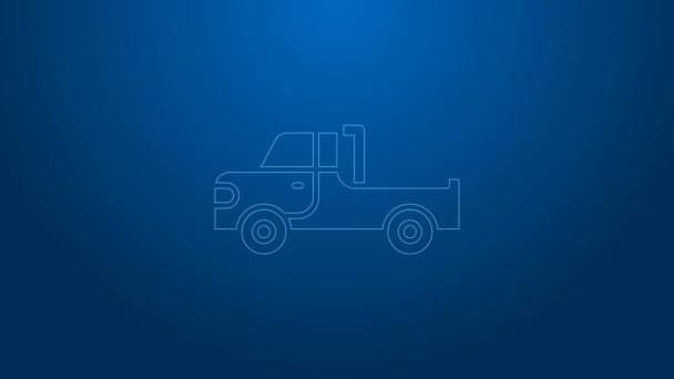 Biała linia Pickup ikona ciężarówki izolowane na niebieskim tle. 4K Animacja graficzna ruchu wideo — Wideo stockowe